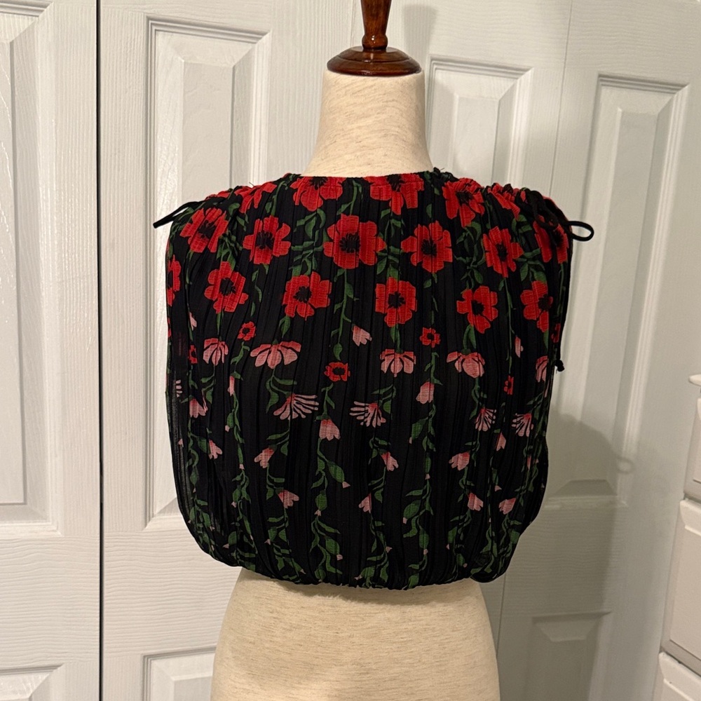 Sabina Musayev Black Floral Pleated Blouse with Red and Pink Flowers